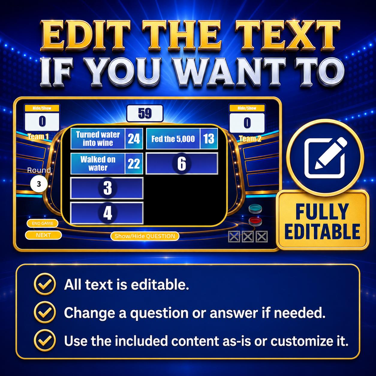 Faith Feud PowerPoint game with fully editable text, including questions and answers
