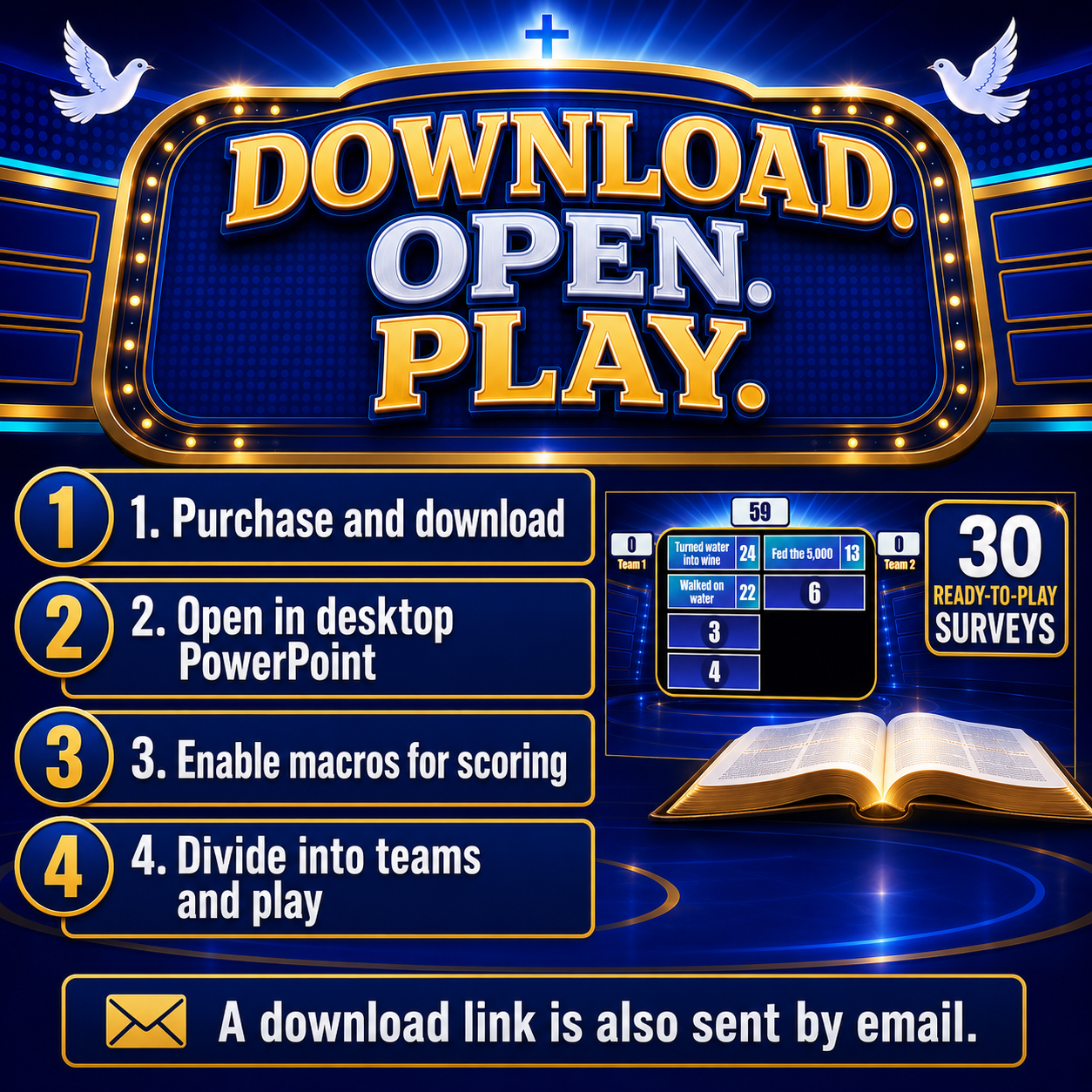 How Faith Feud works: purchase and download, open in desktop PowerPoint, enable macros for scoring, divide into teams, and play
