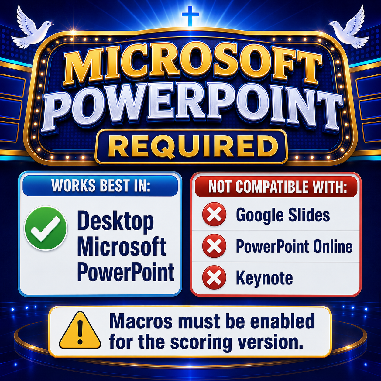 Faith Feud requires desktop Microsoft PowerPoint, with macros enabled for scoring, and is not compatible with Google Slides, PowerPoint Online, or Keynote