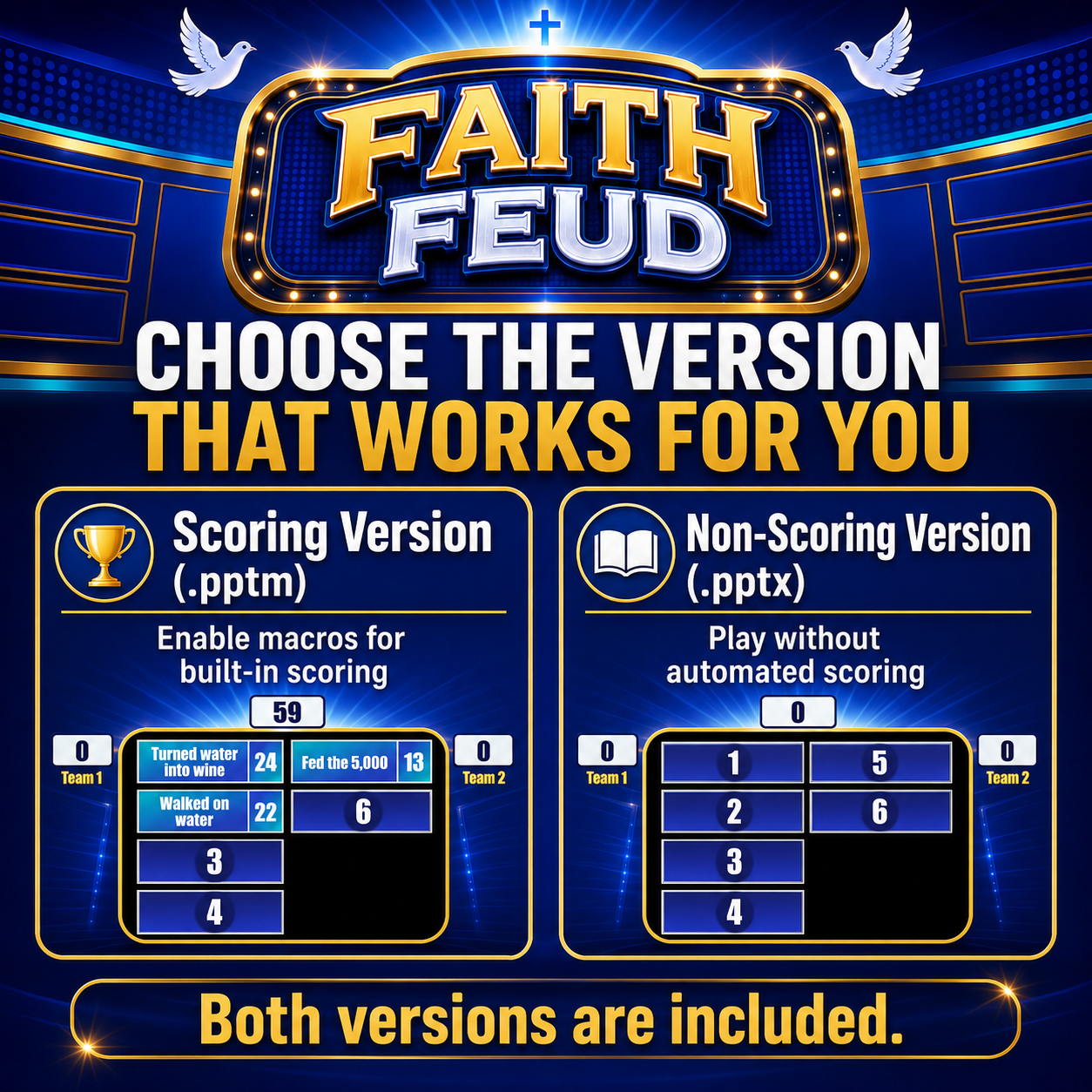 Faith Feud includes a scoring PowerPoint macro-enabled PPTM version and a non-scoring PPTX version