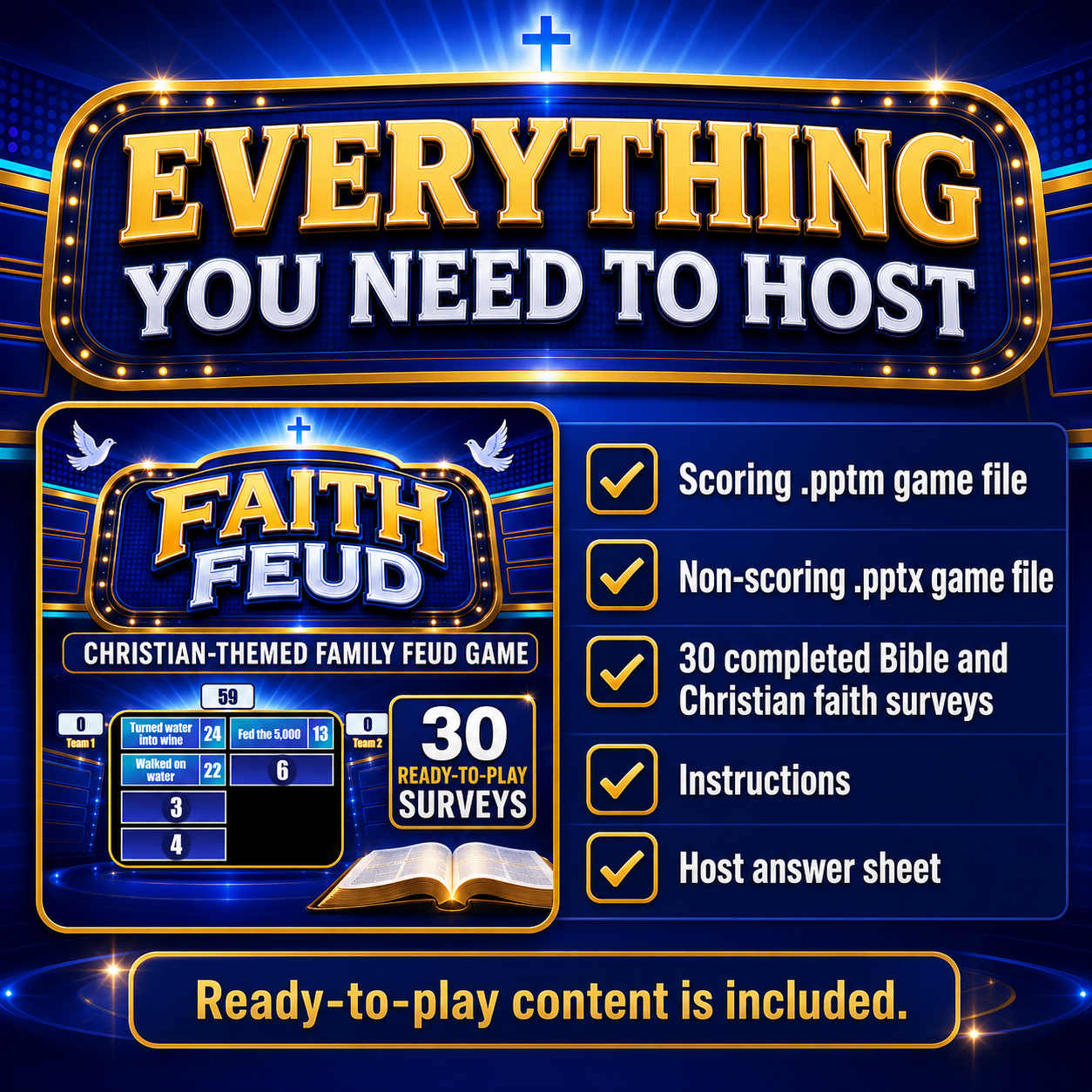 Faith Feud digital game includes scoring and non-scoring PowerPoint files, 30 surveys, instructions, and a host answer sheet