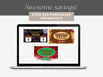 Laptop displaying 'Halloween Feud', 'Thanksgiving Feud', and 'Christmas Feud' games with promotional text about savings.