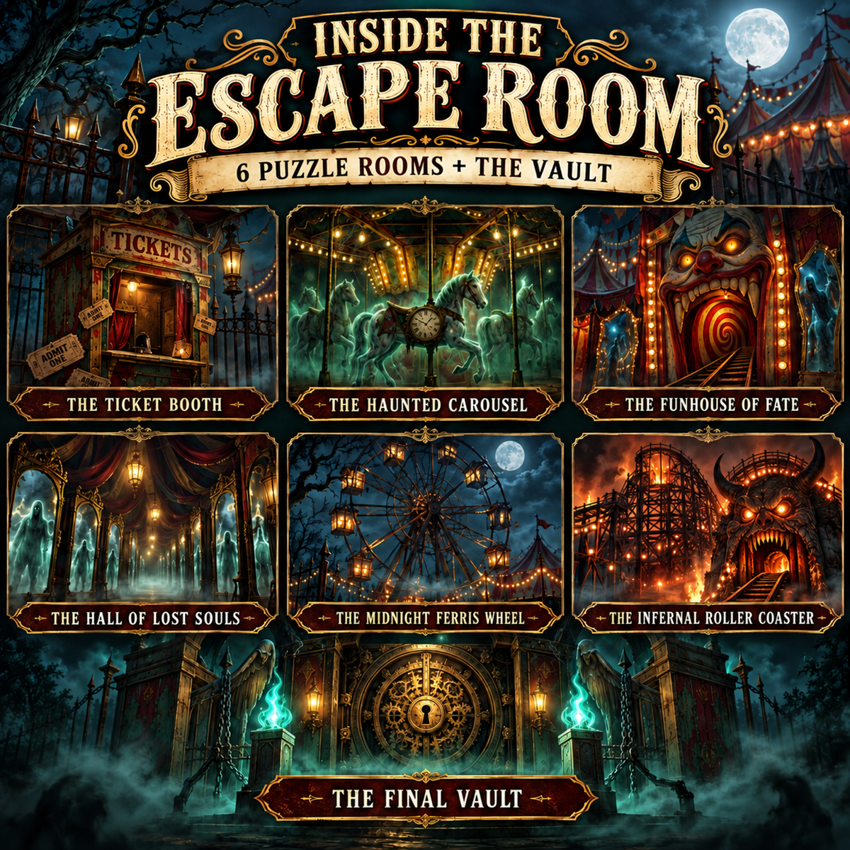 Inside The Phantom Carnival escape room showing six puzzle rooms plus the final vault